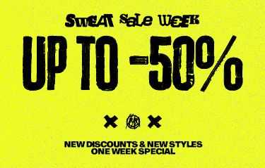 Bright yellow banner with bold black text: "Sweat Sale Week," "Up To 50%," and "New Discounts & New Styles One Week Special."