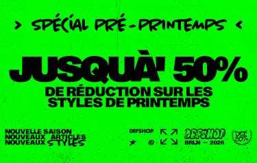 Green promotional banner with text in French offering up to 50% off on spring styles. Includes brand logos and decorative graphics.