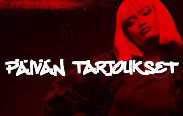 A person with a bob haircut poses against a red backdrop. Bold white text reads "PÄIVÄN TARJOUKSET."