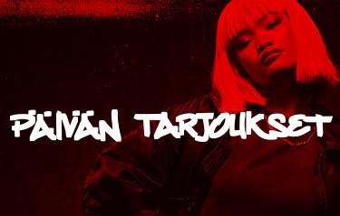 A person with a bob haircut poses against a red backdrop. Bold white text reads "PÄIVÄN TARJOUKSET."