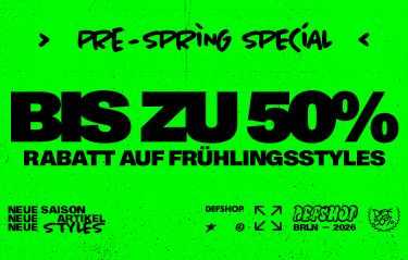 Bright green advertisement with black text: "Pre-Spring Special - Up to 50% off spring styles." Includes brand logos at the bottom.