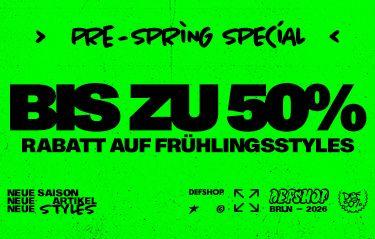 Bright green advertisement with black text: "Pre-Spring Special - Up to 50% off spring styles." Includes brand logos at the bottom.