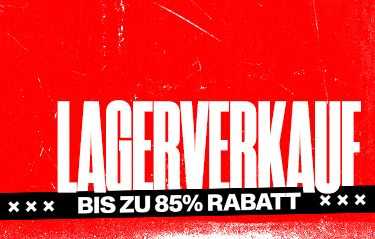 Bold white text on a red background with black accents reads "Lagerverkauf" and "Bis zu 85% Rabatt," indicating a sale up to 85% off.