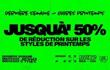 Green promotional banner with black text: "Jusqu'à 50% de réduction sur les styles de printemps.” Various brand logos at the bottom.
