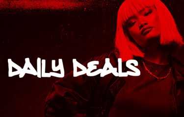 A person with a bob haircut stands confidently against a red background. The text "DAILY DEALS" is prominently displayed in bold white letters.