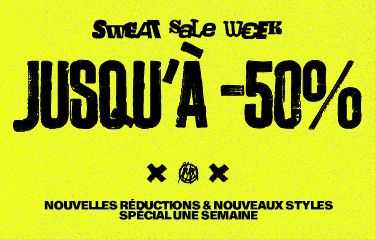 Yellow banner with black text: "Sweat Sale Week, Jusqu'à -50%, Nouvelles Réductions & Nouveaux Styles, Spécial une Semaine."