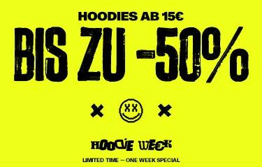 Yellow advertisement with "Hoodies ab 15€," "Bis zu -50%," and "Hoodie Week Limited Time—One Week Special" in bold black text. Smiley face icon.