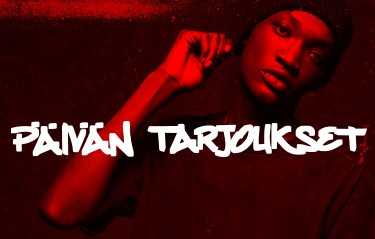 Person in a red-toned image wearing a beanie, next to text reading "Päivän Tarjoukset" in bold white graffiti-style font.