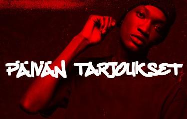 Person in a red-toned image wearing a beanie, next to text reading "Päivän Tarjoukset" in bold white graffiti-style font.