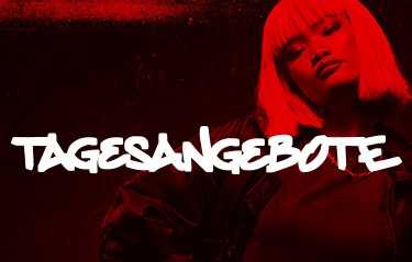 Person with short hair in a dark red-themed image, wearing a jacket, with bold text "TAGESANGEBOTE" across the center.
