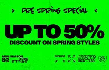 Green promotional graphic for a pre-spring special offering up to 50% discount on spring styles, featuring bold black text.