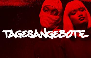 Two people with serious expressions, one wearing a balaclava, under bold graffiti-style text "TAGESANGEBOTE" on a red background.