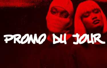 Two people with serious expressions in red lighting, one wearing a knit mask. "PROMO DU JOUR" is written in bold, graffiti-style text.