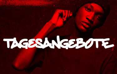 Person in a red-tinted image wearing a beanie, with bold white text "TAGESANGEBOTE" across the front.