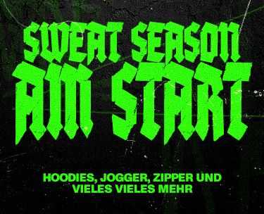 Text in bold green letters reads "Sweat Season Am Start" with smaller text "Hoodies, Jogger, Zipper und vieles vieles mehr" beneath.