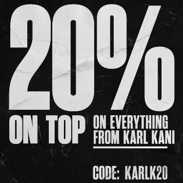 Das Bild zeigt eine Werbegrafik: 20 % Rabatt auf alle Artikel von Karl Kani mit dem Code KARLK20.