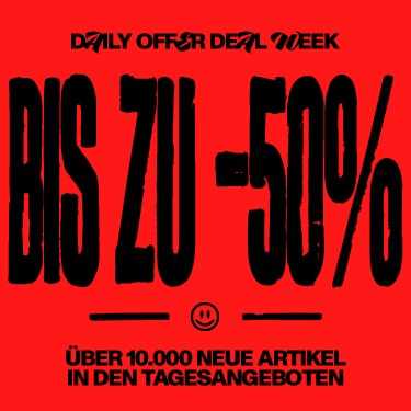 Red background with bold black text: "BIS ZU -50%". Below, smaller text reads: "ÜBER 10.000 NEUE ARTIKEL IN DEN TAGESANGEBOTEN".