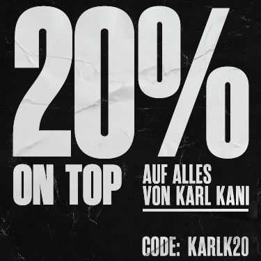 Das Bild zeigt eine Werbegrafik: 20 % Rabatt auf alle Artikel von Karl Kani mit dem Code KARLK20.