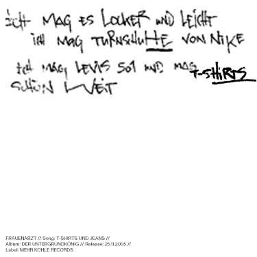 Handwritten lyrics mentioning liking casual clothes, Nike sneakers, Levi's, and T-shirts. Album and release details at the bottom.
