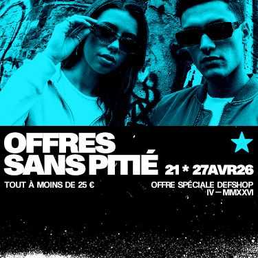 Two people in sunglasses with graffiti background, promoting "Offres Sans Pitié" sale at DefShop, April 21-27, items under 25€.