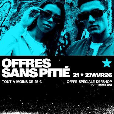 Two people in sunglasses with graffiti background, promoting "Offres Sans Pitié" sale at DefShop, April 21-27, items under 25€.