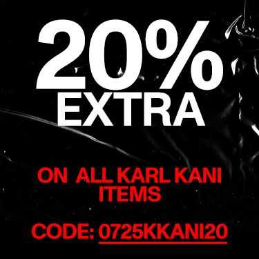 Bold text offering "20% Extra" on all Karl Kani items with a code "0725KKANI20" on a black background.