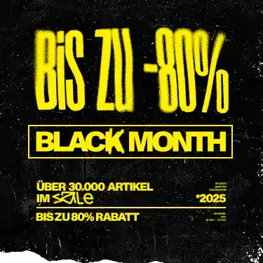 Das Bild zeigt eine Werbegrafik mit gelber Schrift auf schwarzem Hintergrund. In großer Schrift steht: „BIS ZU -80%“. Darunter steht in einem gelben Kasten: „BLACK MONTH“. Weitere Texte sagen: „Über 30.000 Artikel im Sale“ und „Bis zu 80% Rabatt“. Das Design wirkt auffällig und modern, passend zu einer großen Rabattaktion.