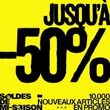 Yellow sale poster with bold black text: "Jusqu'à -50%." Mentions "Soldes de mi-saison" and "10,000 nouveaux articles en promo."