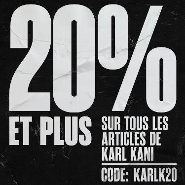 Das Bild zeigt eine Werbegrafik: 20 % Rabatt auf alle Artikel von Karl Kani mit dem Code KARLK20.