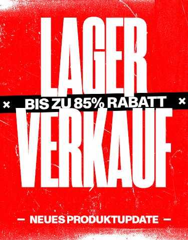 Red background with bold white text: "Lager Verkauf" with a black banner: "Bis zu 85% Rabatt", and smaller text: "Neues Produktupdate".