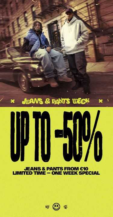 Two people stand in front of a vintage car on a city street. Bold text below reads "Jeans & Pants Week - Up to 50% off, from €10, limited time."
