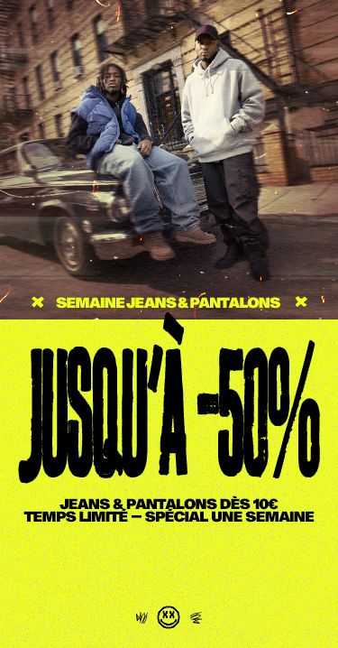 Two people stand by a car on a street. Bright yellow banner below reads "Jusqu'à -50%" with more text in French about jeans and pants.