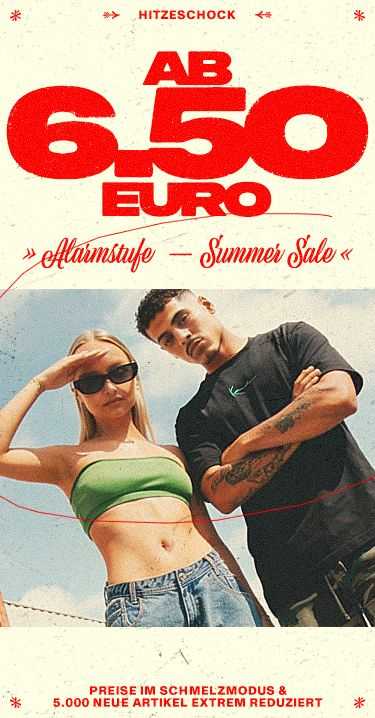 Summer sale advertisement featuring a woman in a green top and sunglasses, and a man in a black shirt. Text: "Ab 6.50 Euro" and "Alarmstufe – Summer Sale".