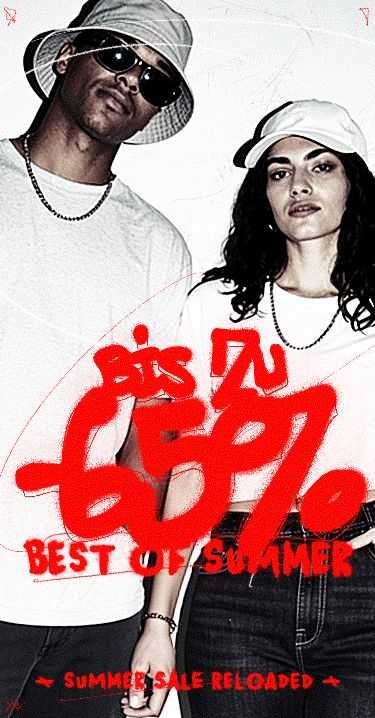 Two people in casual outfits with hats and sunglasses, overlaid with large red text: "Bis zu 65% Best of Summer. Summer Sale Reloaded."