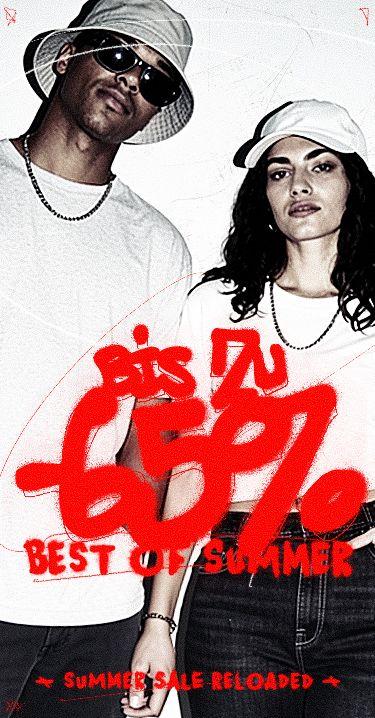 Two people in casual outfits with hats and sunglasses, overlaid with large red text: "Bis zu 65% Best of Summer. Summer Sale Reloaded."