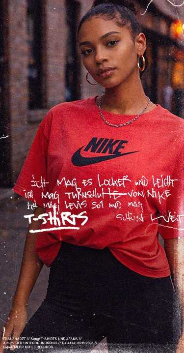 A person in a red Nike t-shirt and black pants stands confidently in an urban setting. Handwritten text overlays the image.