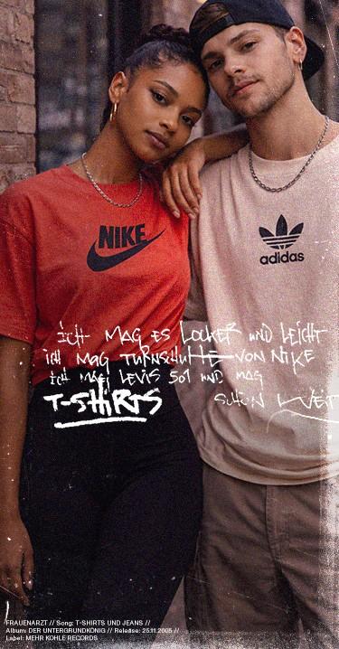 Man in Adidas shirt and woman in Nike shirt lean against each other; text overlays in German visible.