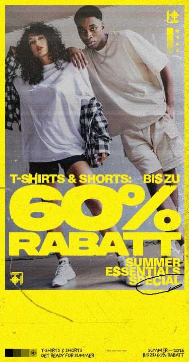 Fashion ad featuring two models in casual summer outfits promoting up to 60% off on T-shirts and shorts, with a bold yellow banner.