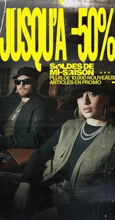 Fashion advertisement for a mid-season sale offering up to 50% off, featuring two people in stylish outfits, with bold yellow text.