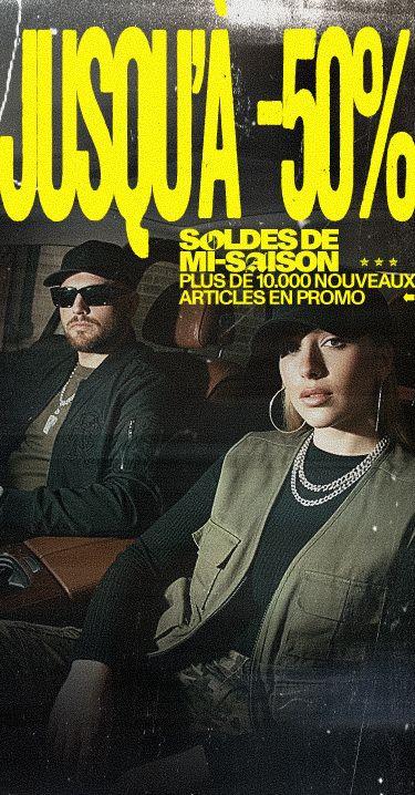 Fashion advertisement for a mid-season sale offering up to 50% off, featuring two people in stylish outfits, with bold yellow text.
