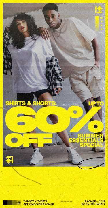 Two people in casual summer outfits, promoting a sale with "Up to 60% off" on shirts and shorts. Bright yellow text overlay.