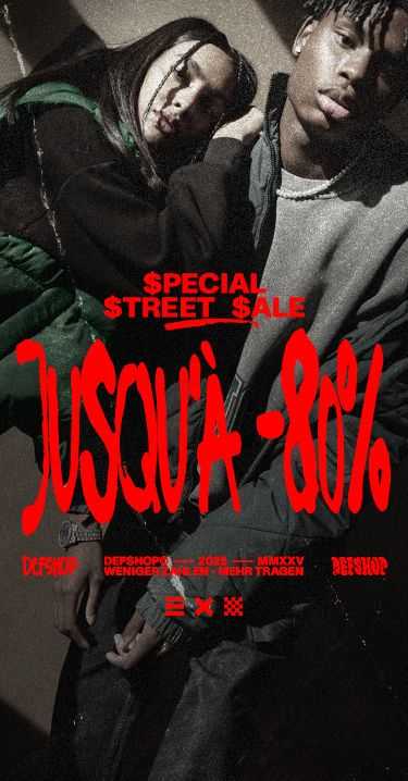 Das Bild zeigt eine Werbegrafik für den "Special Street Sale" mit dem Hinweis „Bis zu -80 %“. Im Hintergrund sind zwei Models in Streetwear-Mode abgebildet, während der auffällige rote Schriftzug den Rabatt hervorhebt.