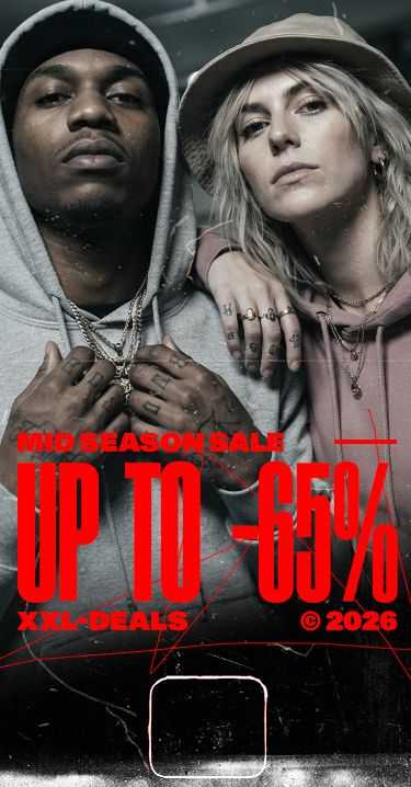Two people in hoodies posing confidently, with text overlay for a mid-season sale offering up to 65% off.