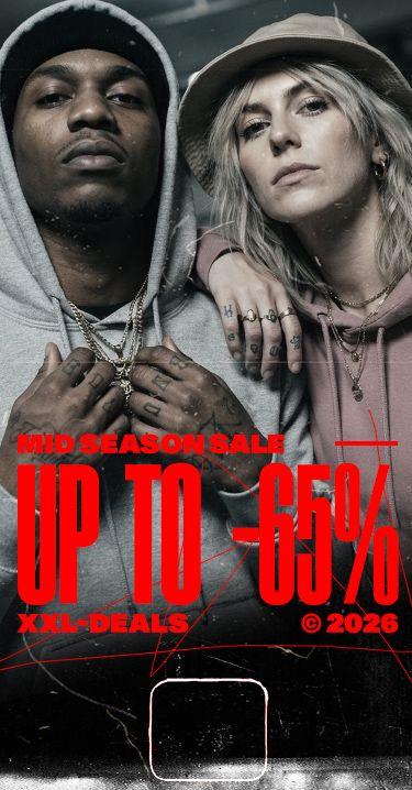 Two people in hoodies posing confidently, with text overlay for a mid-season sale offering up to 65% off.