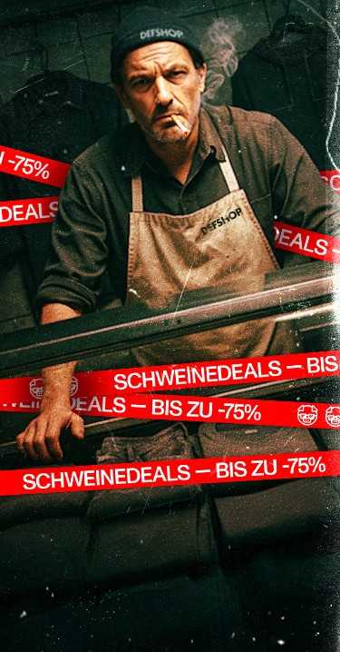 Man wearing an apron with a cigarette, standing behind red sale signs in German offering up to 75% discount.