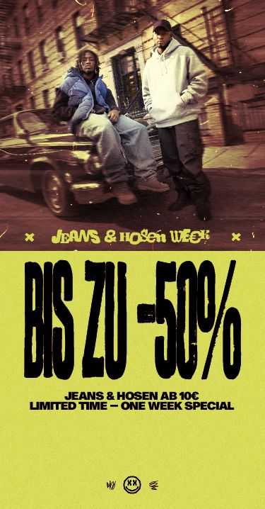 Two people sit on car hood, urban backdrop. Text: "Jeans & Hosen Week" with "Bis zu -50%" offer. Limited time, jeans from 10€.