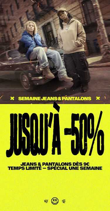 Two people in casual clothes sit on a parked car. Bold text reads, "Jusqu'à -50%" with details about discounts on jeans and pants.