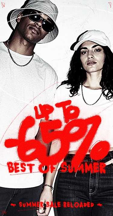 Two people wearing casual summer outfits. Red text overlay reads "Up to 65% Best of Summer" and "Summer Sale Reloaded."