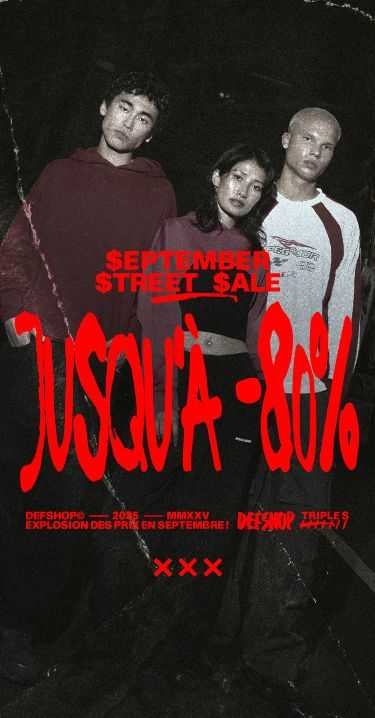 Das Bild zeigt drei junge Models in Streetwear-Mode und kündigt einen September Street Sale mit Rabatten bis zu 80 % an. Der Stil ist dunkel gehalten, mit auffälliger roter Schrift im Vordergrund.