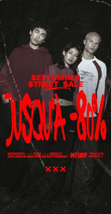Das Bild zeigt drei junge Models in Streetwear-Mode und kündigt einen September Street Sale mit Rabatten bis zu 80 % an. Der Stil ist dunkel gehalten, mit auffälliger roter Schrift im Vordergrund.